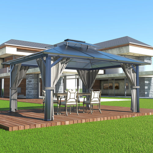 VEIKOUS Aluminum Gazebo with Polycarbonate Roof, Hardtop Gazebo with Netting and Curtain for Patios