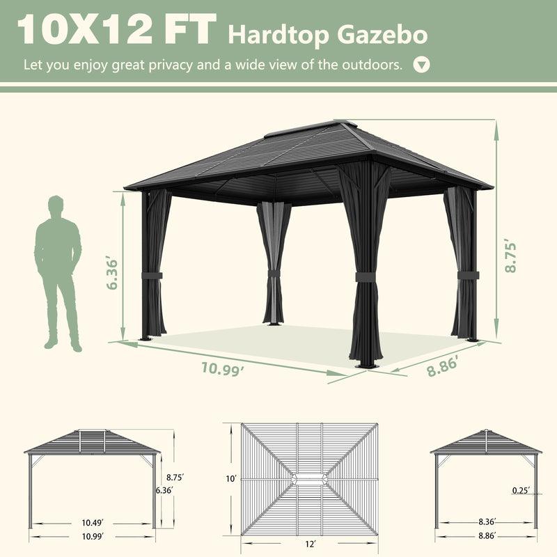 VEIKOUS 10'x12' Aluminum Hardtop Gazebo Pergola with Mesh Netting, Outdoor Gazebo Single Roof for Patio, Backyard, Garden, Black and Grey