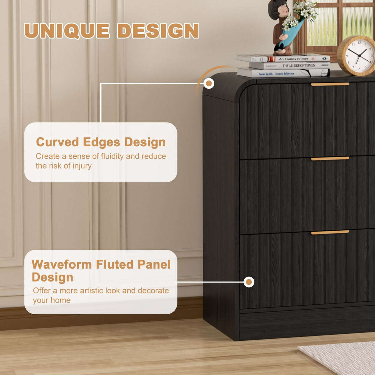 6 Drawer Dresser with Curved Edges & Waveform Fluted Panel