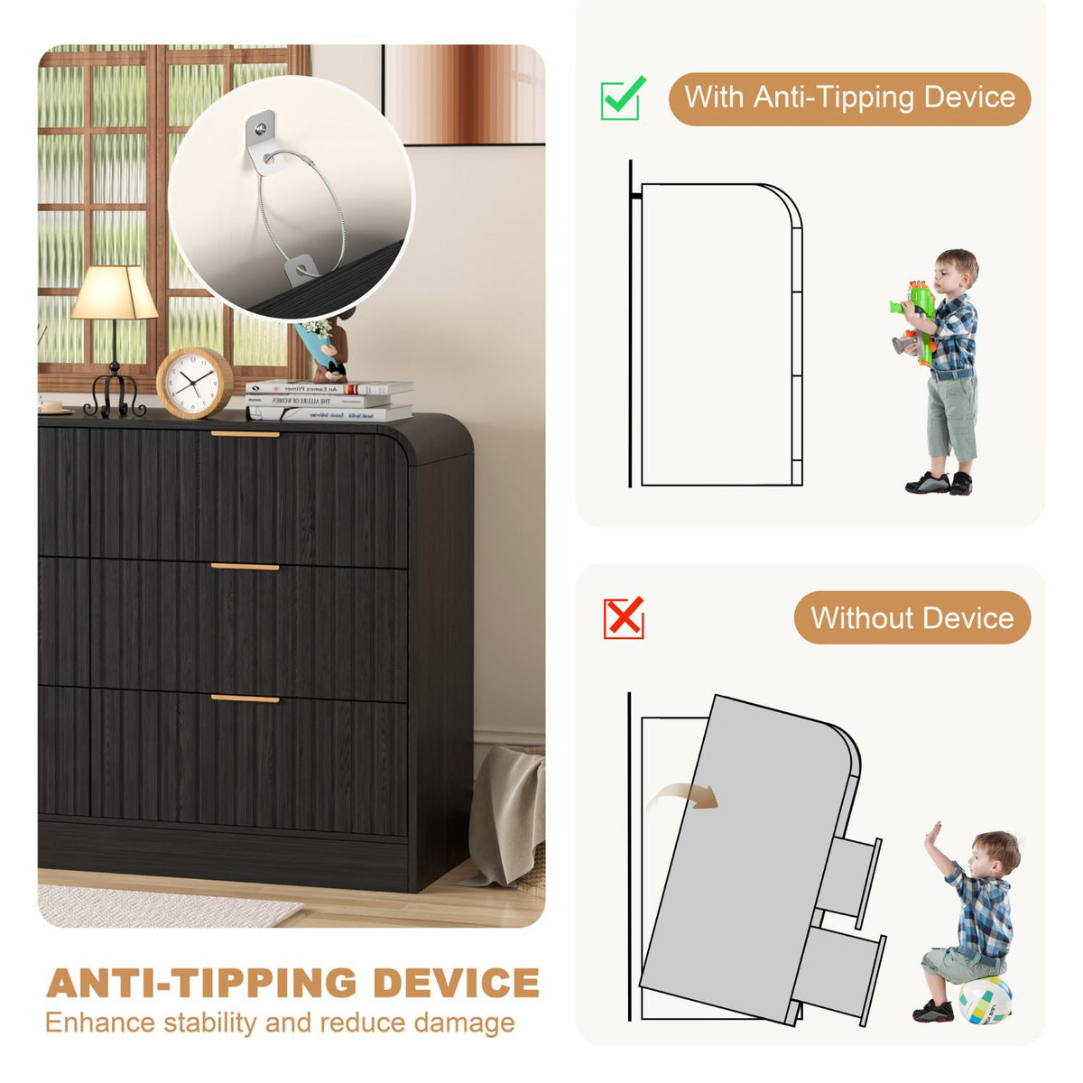 6 drawer dresser with anti-tipping device