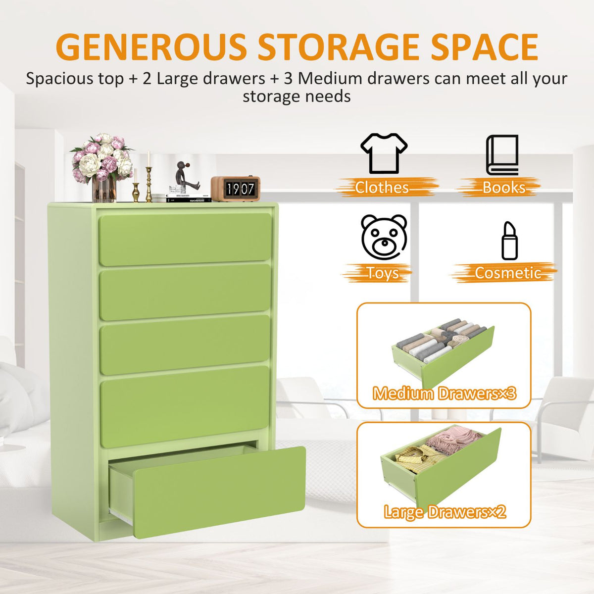 Spacious 5 Drawer Dresser, Green