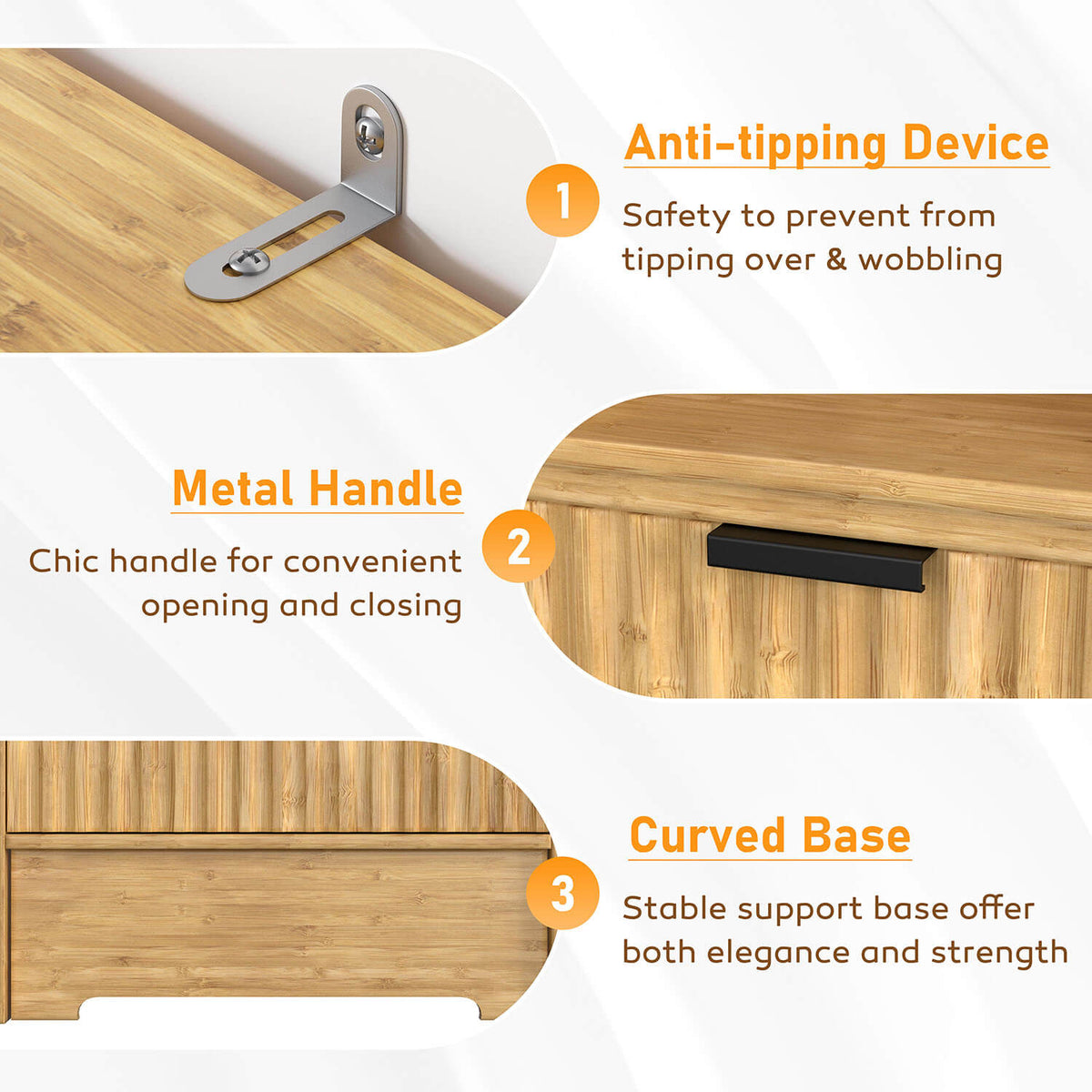 Sleek metal handles make the storage cabinet opening and closing smoothly