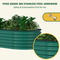Green metal raised garden bed with stainless steel hardware, plants inside.