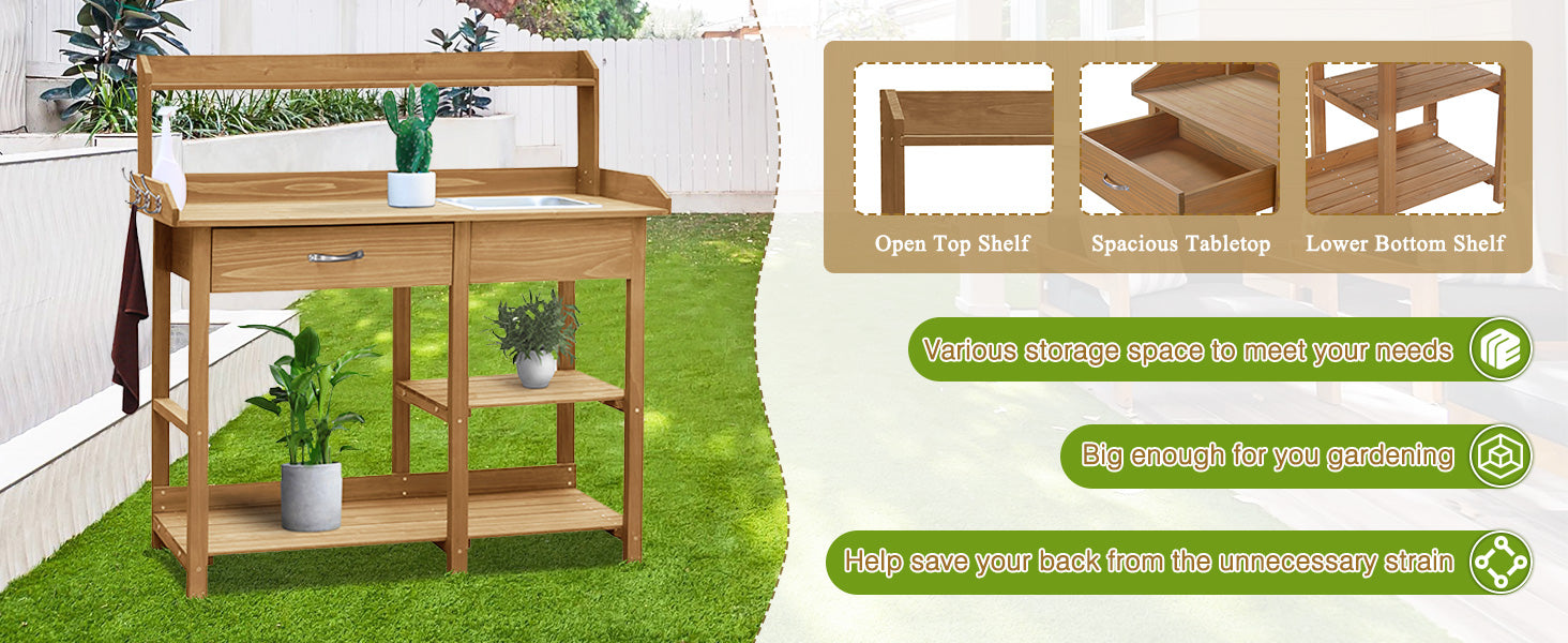 potting bench with storage and sink for various storage solutions