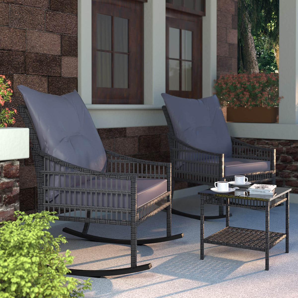 Wicker Rocker Bistro Set with Coffee Table, Grey