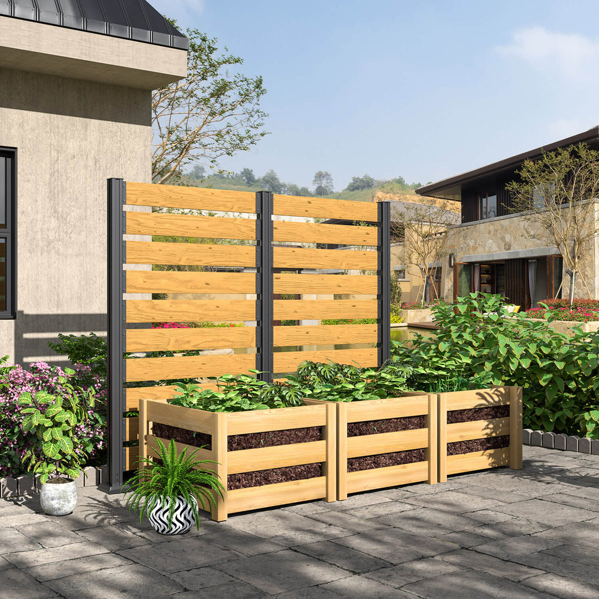 2 pieces of wooden privacy screens as a garden fence