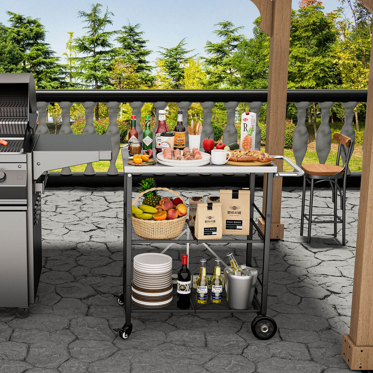 VEIKOUS Outdoor Grill Cart, Portable Grill Table with Double Shelve Storage