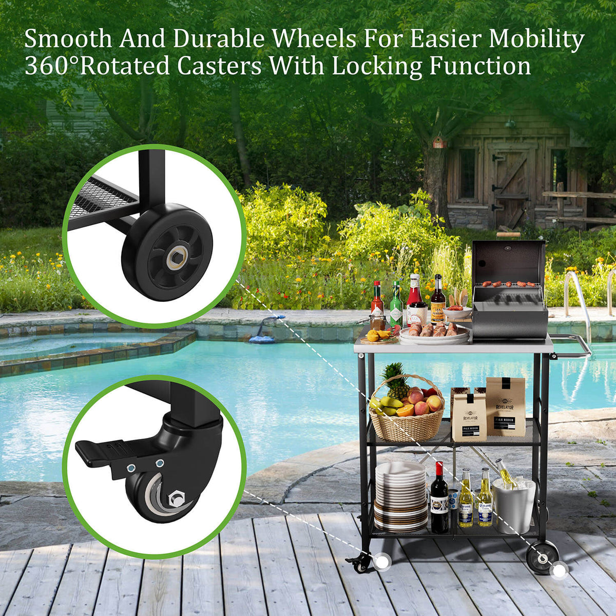 VEIKOUS Outdoor Grill Cart, Portable Grill Table with Double Shelve Storage