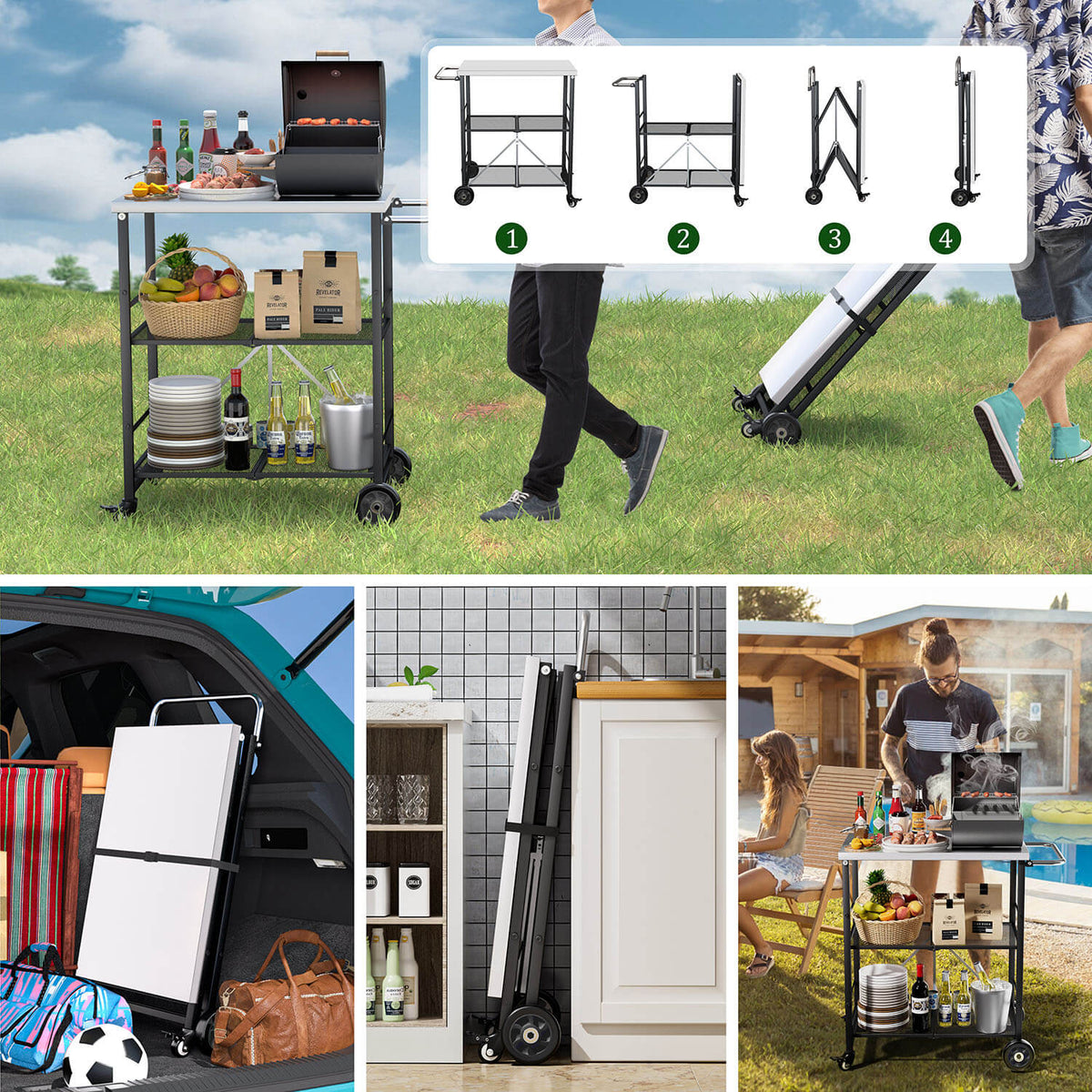 VEIKOUS Outdoor Grill Cart, Portable Grill Table with Double Shelve Storage