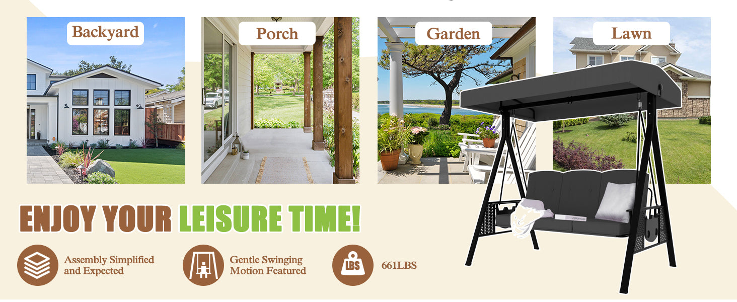 Gentle freestanding swing for backyard porch and lawn