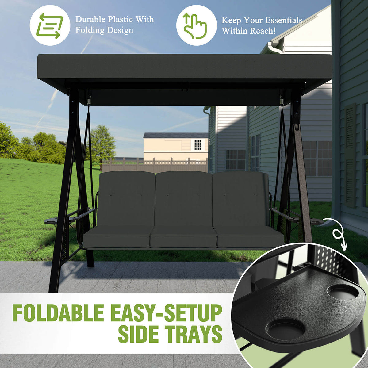 daybed swing with foldable side trays