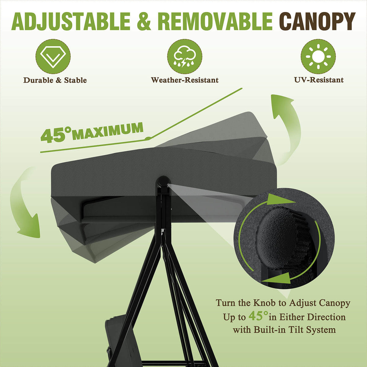 Swing chair with adjustable & removable canopy