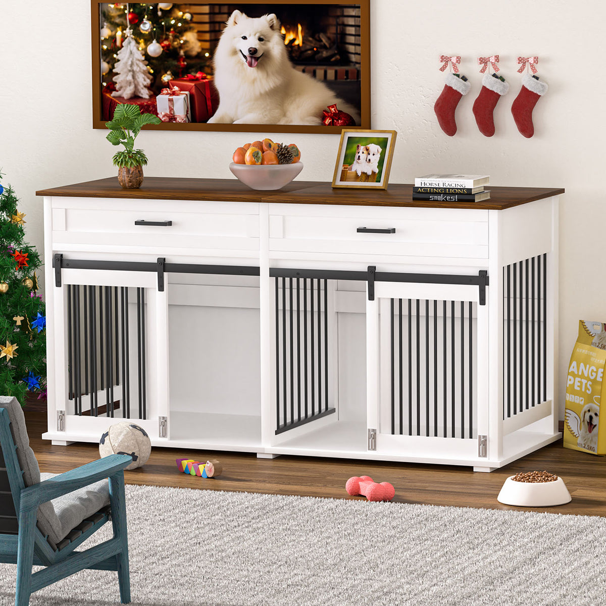 Wooden Dog Crate Furniture for 2 Dogs