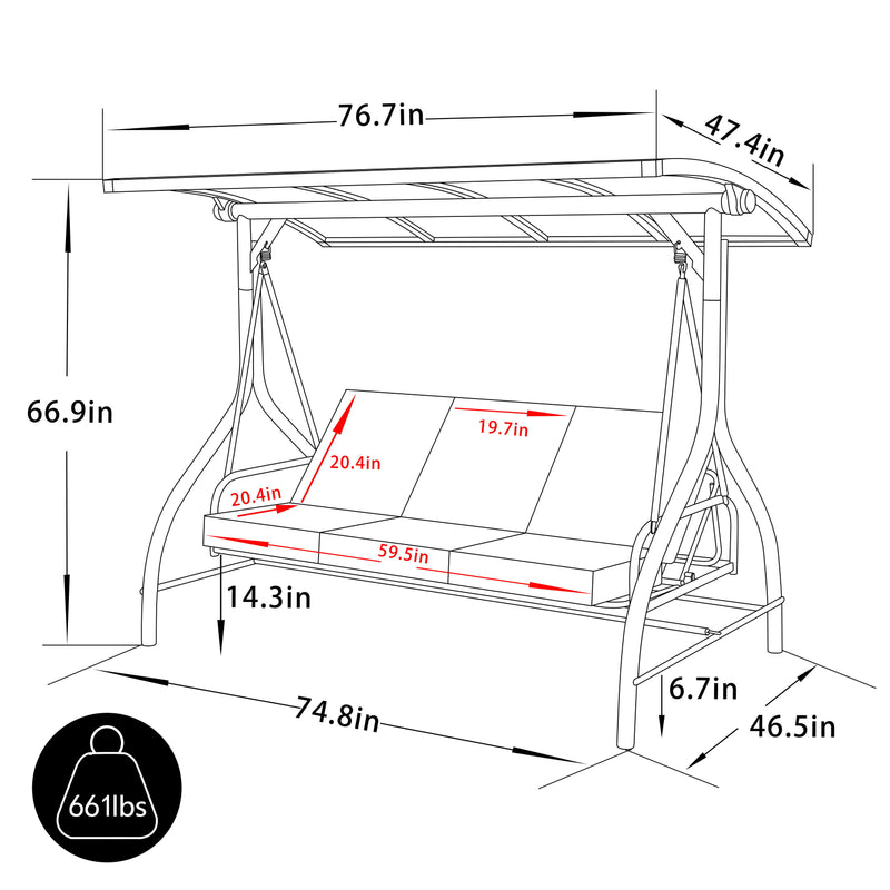 Veikous Outdoor Patio Porch 3-Seat Swing with PVC Hardtop Canopy