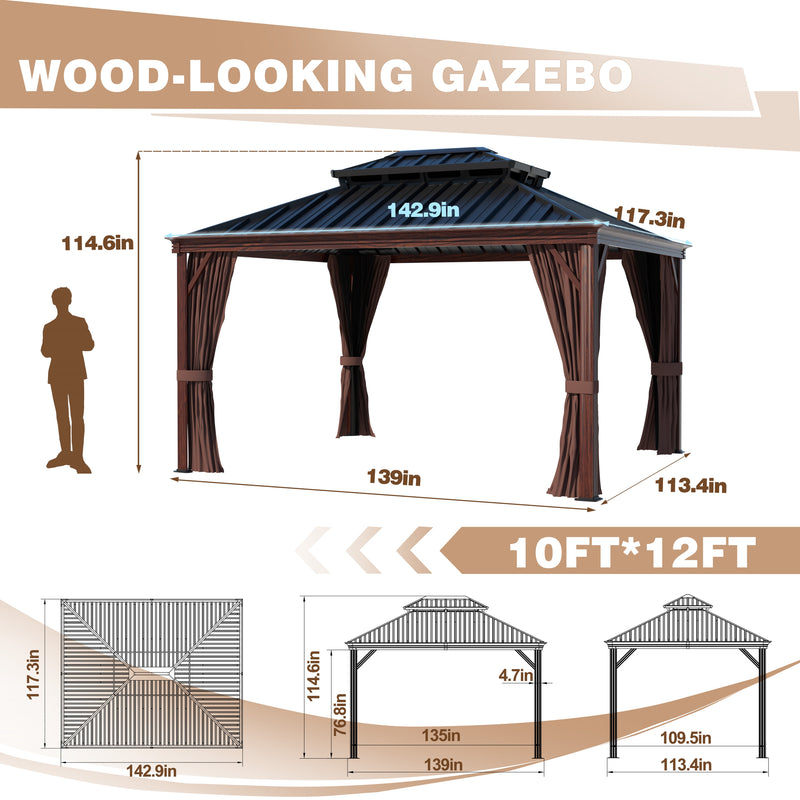 Veikous Outdoor Gazebo, Wooden Finish Coated Aluminum Frame, with Double Galvanized Steel Hardtop Roof, Netting and Curtains for Garden, Patio, Lawn