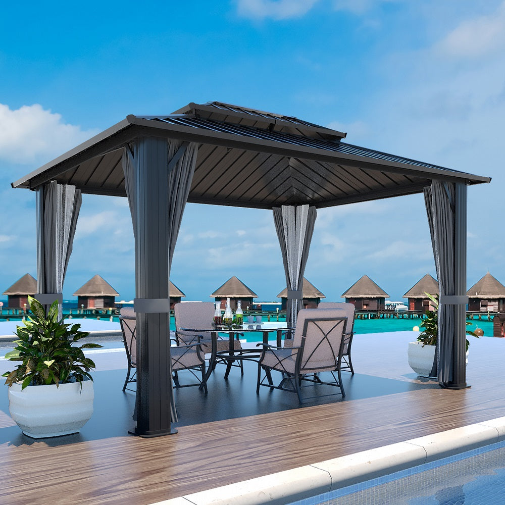 VEIKOUS Gazebo 10x12, Patio Gazebo with Netting and Curtains, Hardtop ...