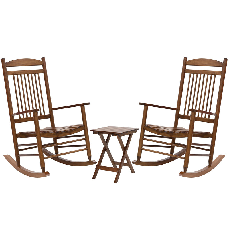 VEIKOUS Outdoor Rocking Chair Set 3-Piece Patio Wooden Rocker Bistro Set with Foldable Table and Curved Seat