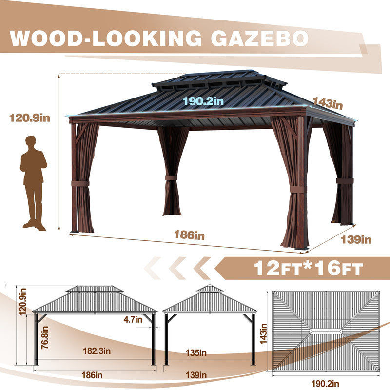 Veikous Outdoor Gazebo, Wooden Finish Coated Aluminum Frame, with Double Galvanized Steel Hardtop Roof, Netting and Curtains for Garden, Patio, Lawn