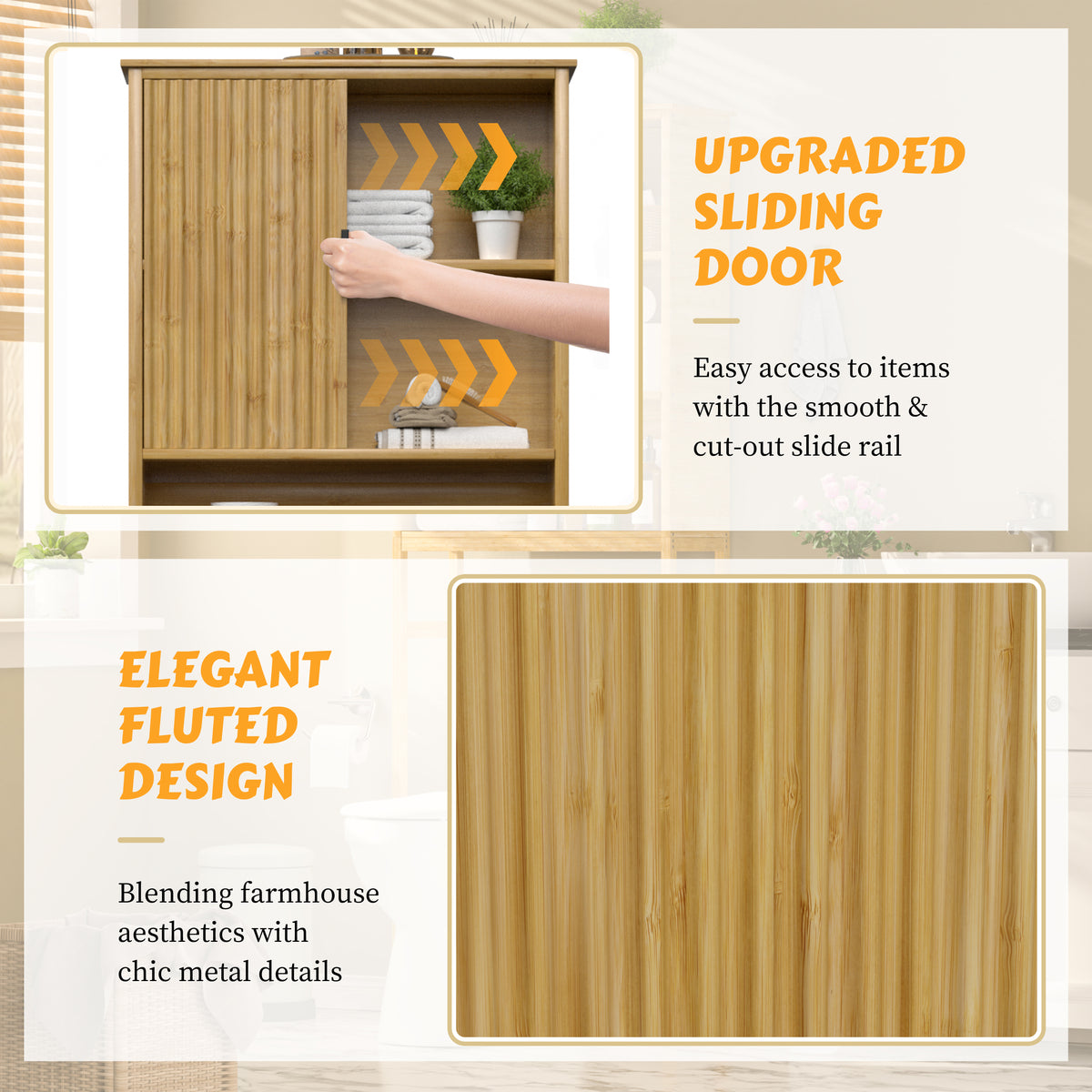 Veikous Over the Toilet Storage Cabinet with Sliding Door, Bamboo Bathroom Shelf