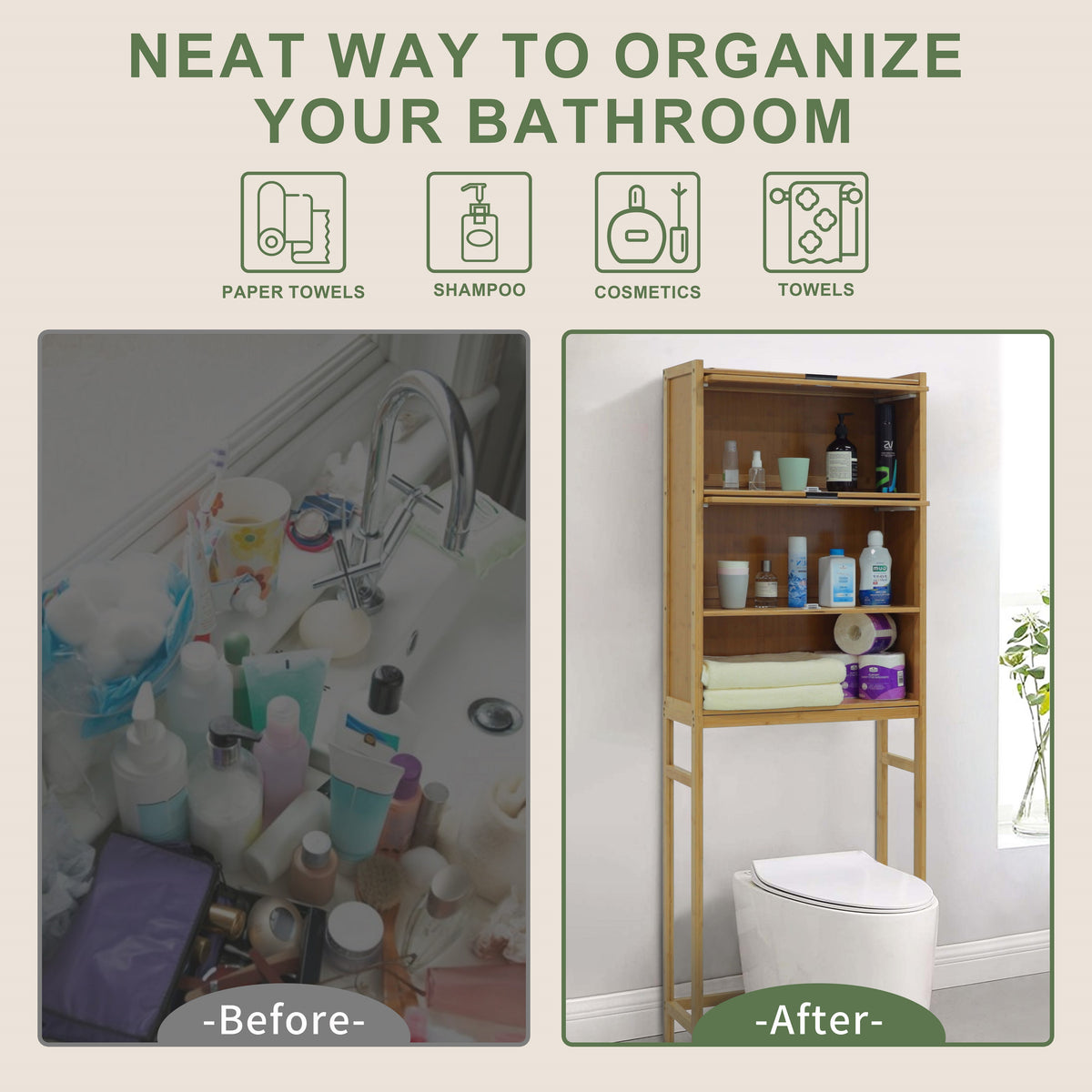 VEIKOUS Toilet Storage Cabinet for Bathroom, Bamboo Over Toilet Organizer