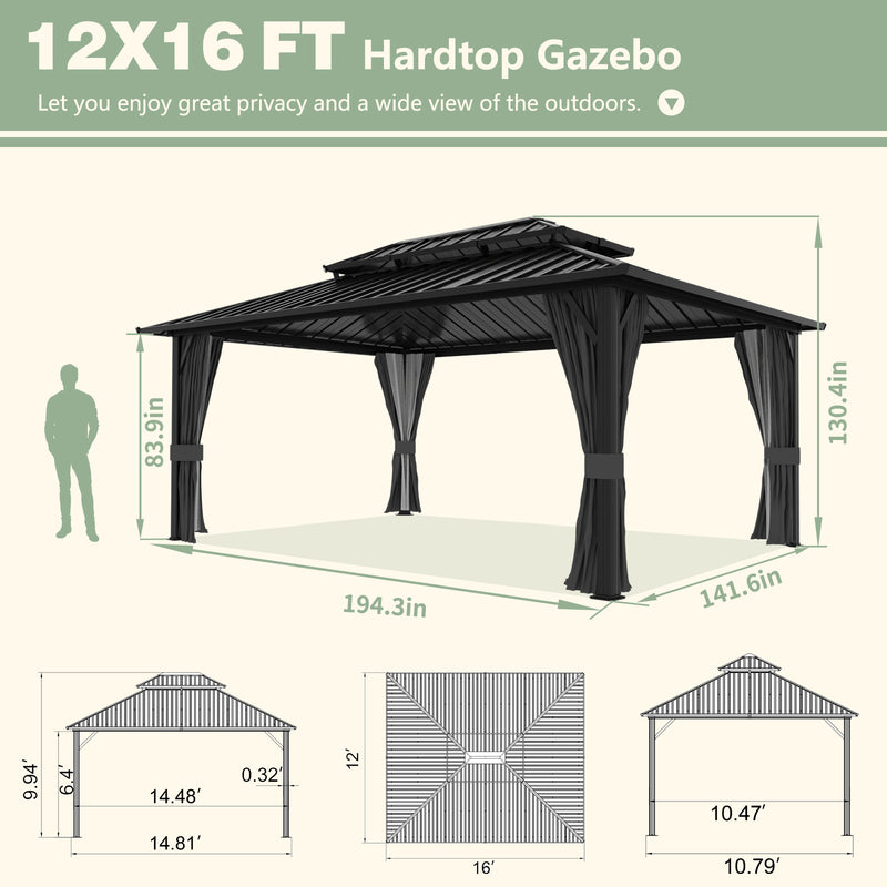 VEIKOUS 12x16ft Double Roof Hardtop Gazebo for Patio, Aluminum Gazebo for Backyard 2-Tier Rooftop, Grey and Black