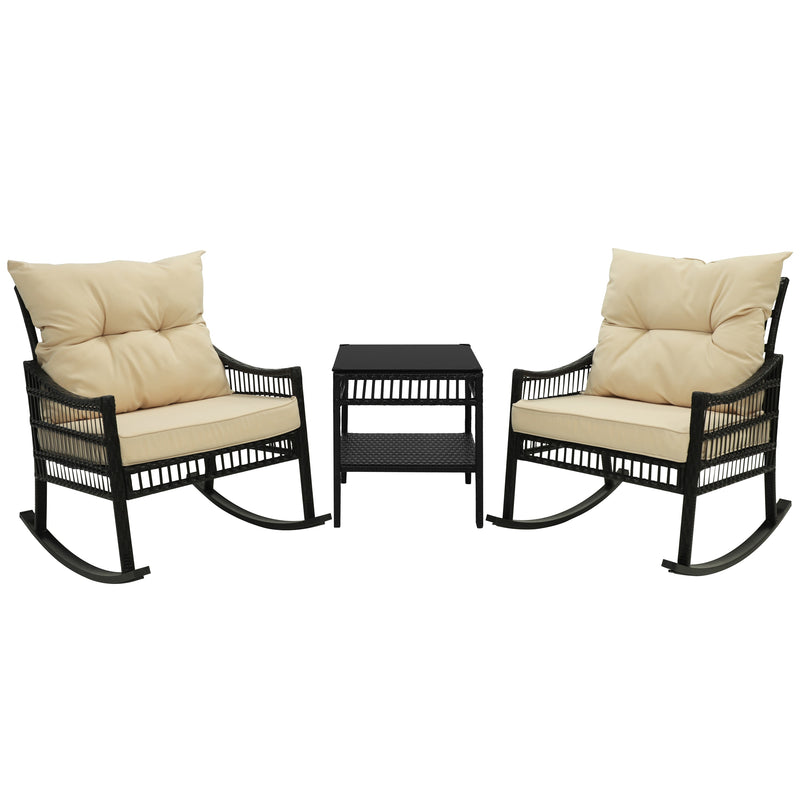 VEIKOUS 3-Piece Outdoor Rocking Chair Wicker Bistro Set with Table and Cushions, Patio Rattan Rocker Bistro Set for Porch