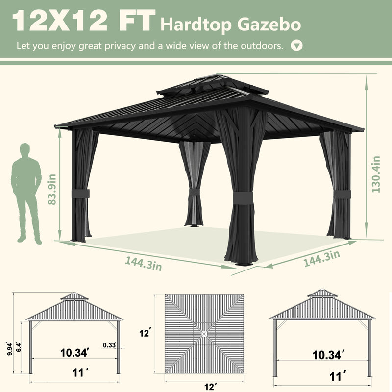 VEIKOUS 12x12 FT Aluminum Double Hardtop Gazebo with Gray Curtains and Netting