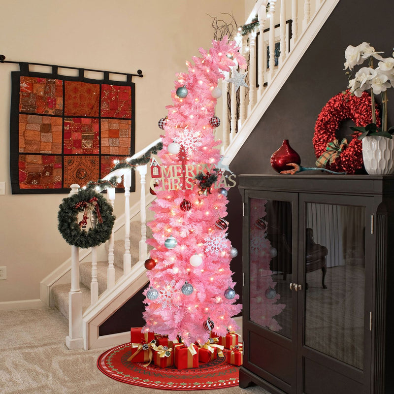 Veikous Santa Hat Christmas Tree with Metal Stand, 6ft Tall Slim Christmas Tree with Bent Top for Party, Home Decoration