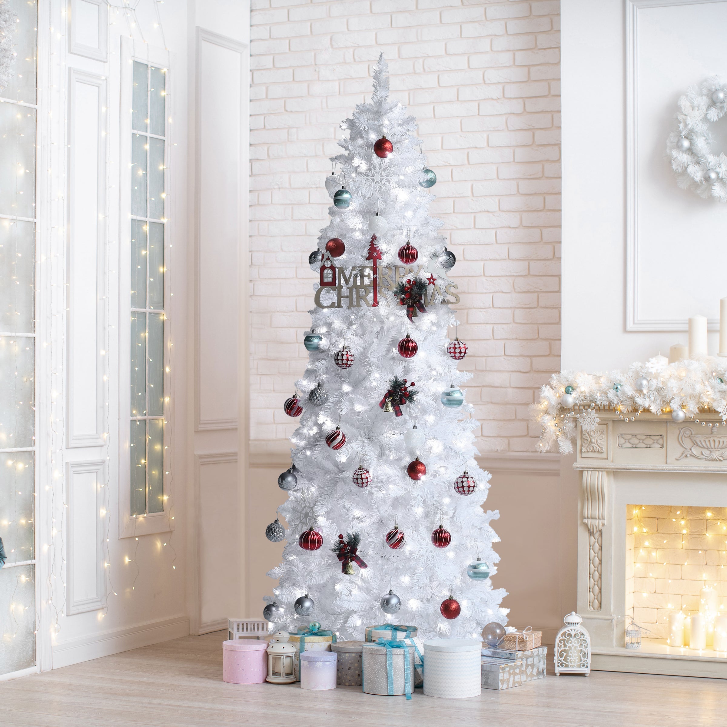 VEIKOUS 8ft White PreLit Christmas Pencil Tree for Holiday Decoration