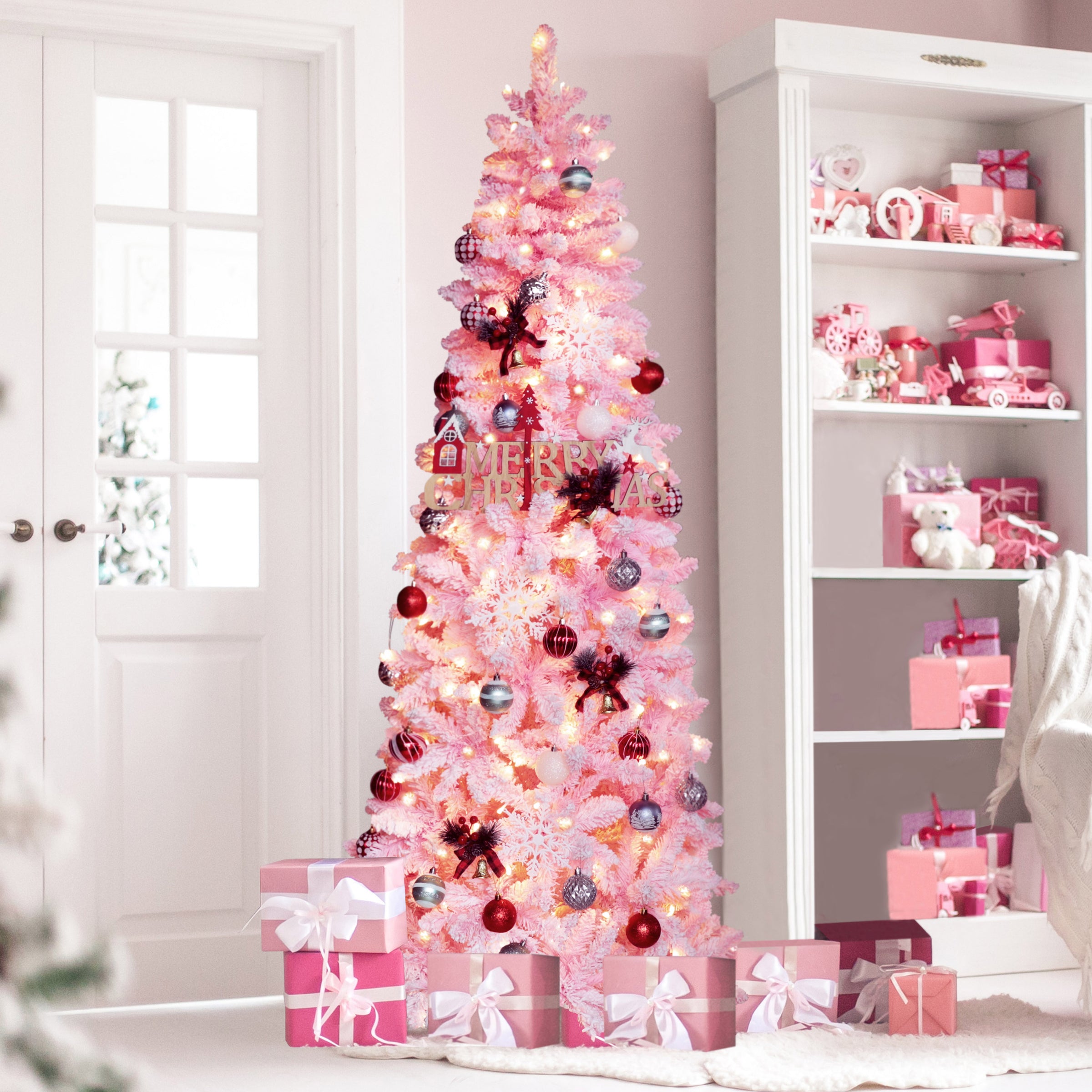 VEIKOUS 6ft Pink PreLit Slim Pencil Christmas Tree with 250 Lights fo