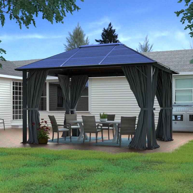 VEIKOUS 10'x12' Aluminum Hardtop Gazebo Pergola with Sidewalls and Mesh Netting, Outdoor Gazebo Single Roof for Patio, Backyard, Garden, Black and Grey
