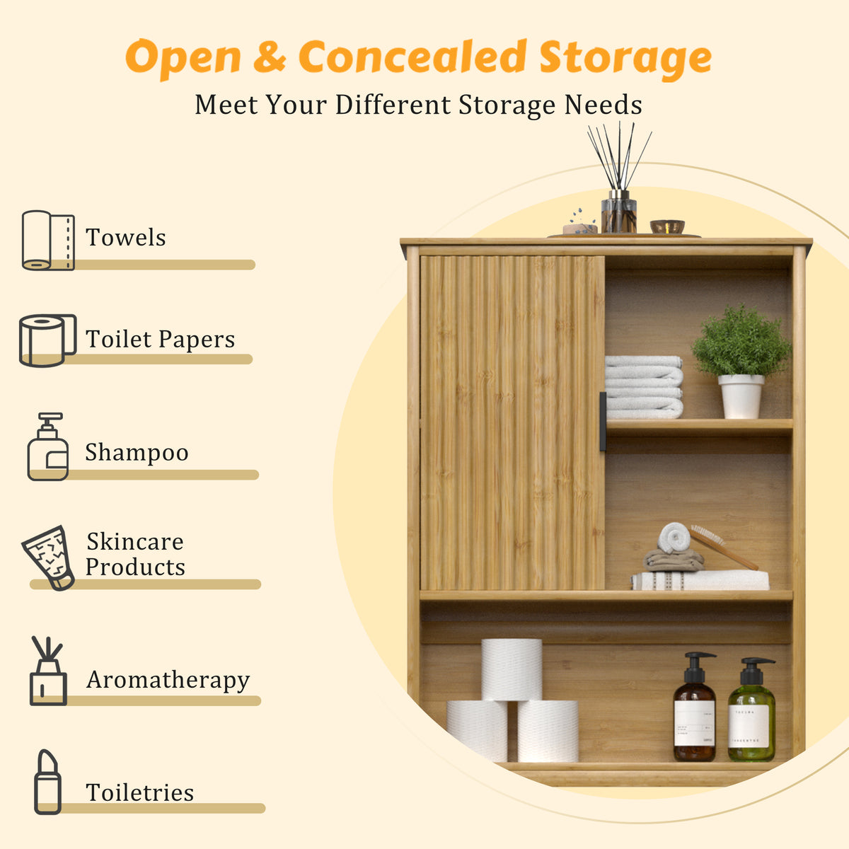 Veikous Over the Toilet Storage Cabinet with Sliding Door, Bamboo Bathroom Shelf