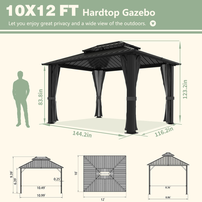 VEIKOUS Gazebo 10'x12' Outdoor Gazebo, Patio Gazebo with Curtains and Netting, Aluminum Hardtop Gazebo Pergola