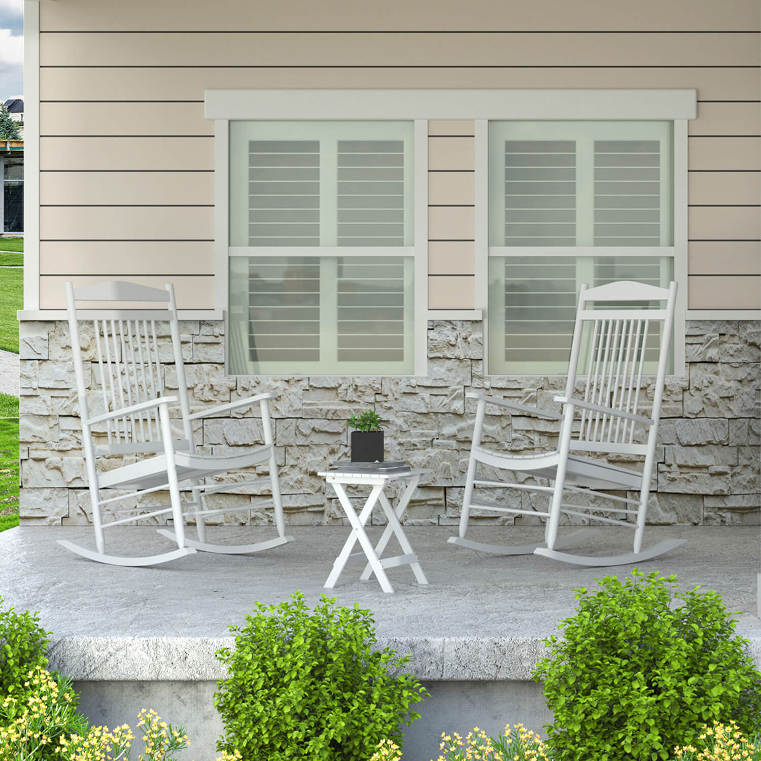 Outdoor Rocking Chair Set of 2 Wooden Table and Curved Seat Veikous