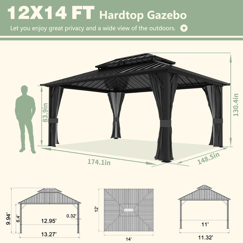 VEIKOUS 12x14ft Double Roof Hardtop Gazebo for Patio with Sidewalls and Mesh Netting, Aluminum Gazebo for Backyard 2-Tier Rooftop, Grey and Black