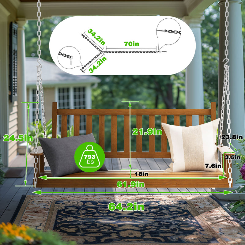 VEIKOUS Outdoor Patio Hanging Wooden Porch Swing with Chains, 2-Person Heavy Duty Swing Bench