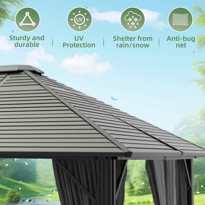 VEIKOUS 10'x12' Aluminum Hardtop Gazebo Pergola with Sidewalls and Mesh Netting, Outdoor Gazebo Single Roof for Patio, Backyard, Garden, Black and Grey