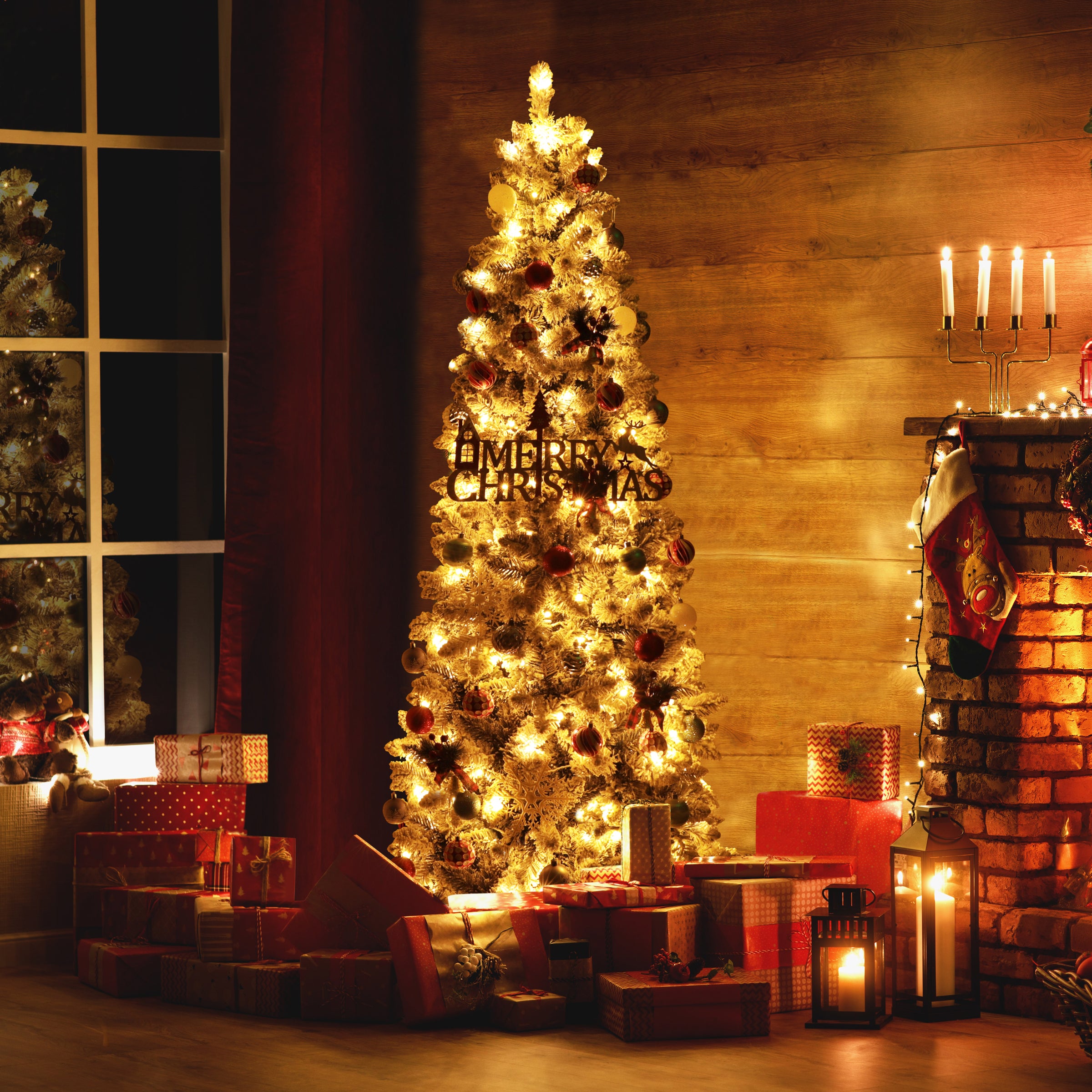 VEIKOUS 6ft Green PreLit Christmas Pencil Tree with 200 Lights and Sn