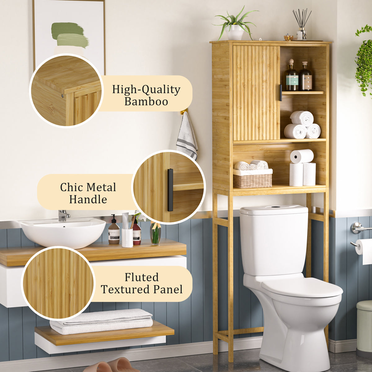 Veikous Over the Toilet Storage Cabinet with Sliding Door, Bamboo Bathroom Shelf