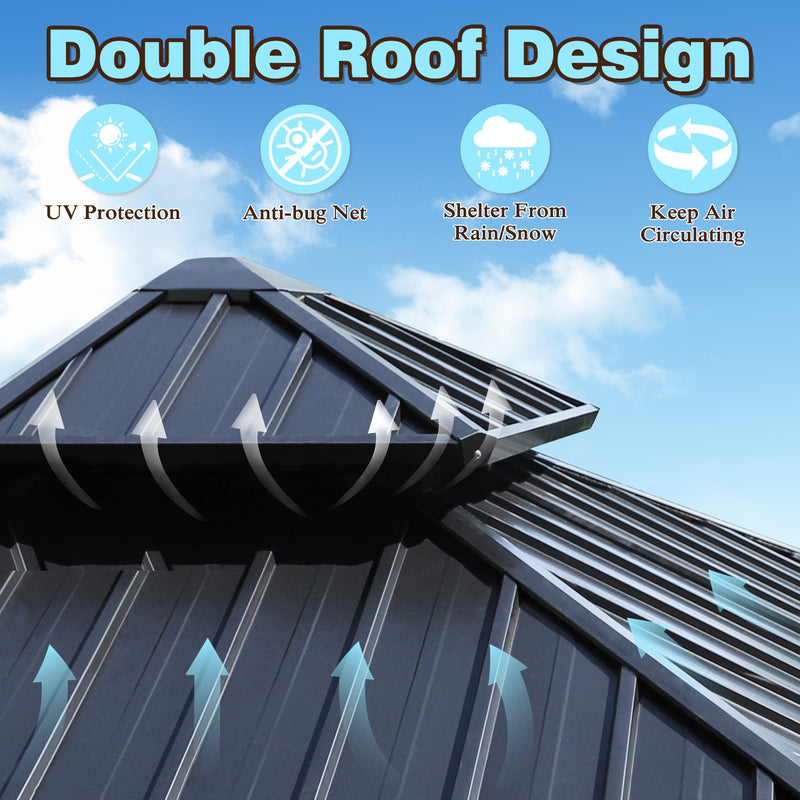 VEIKOUS 10x10ft Double Roof Hardtop Gazebo with Mesh Netting for Patio, Aluminum Gazebo for Backyard 2-Tier Rooftop