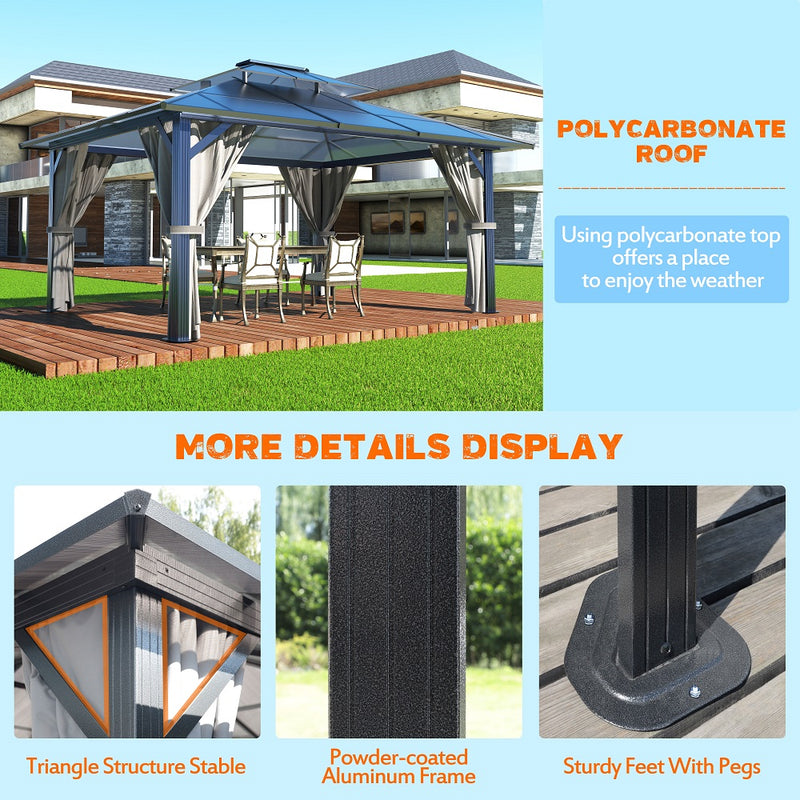 VEIKOUS Outdoor Polycarbonate Hardtop Gazebo with Double Roof Canopy, Aluminum Frame, Netting and Curtainsfor Patios