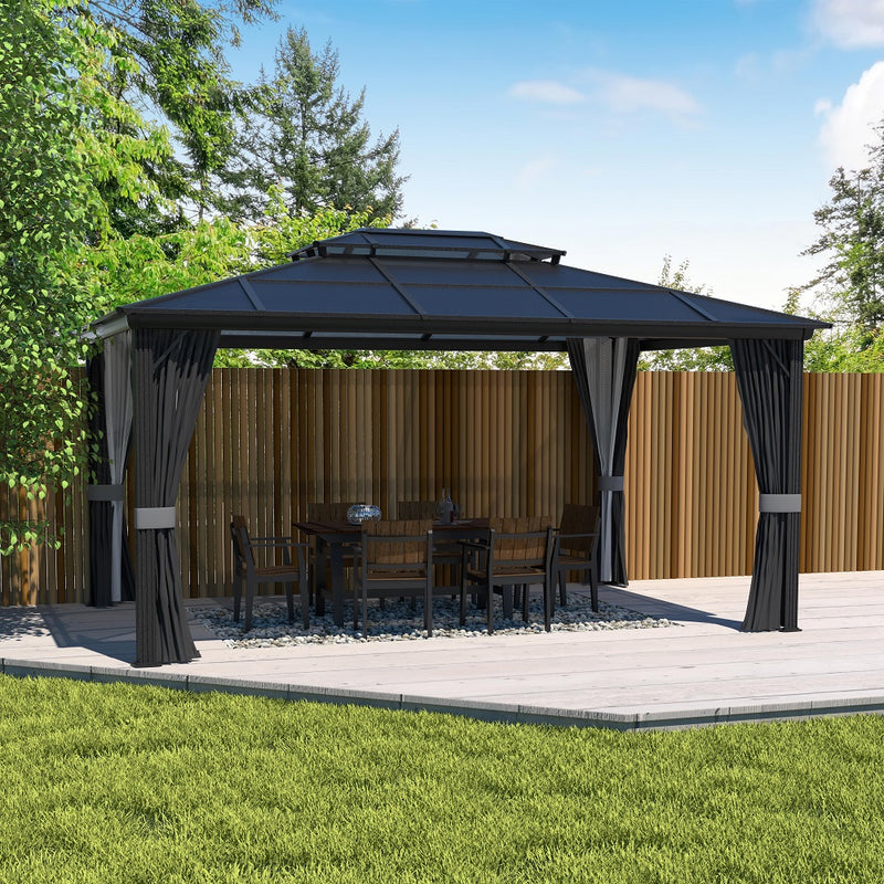 VEIKOUS Outdoor Polycarbonate Hardtop Gazebo with Double Roof Canopy, Aluminum Frame, Netting and Curtainsfor Patios