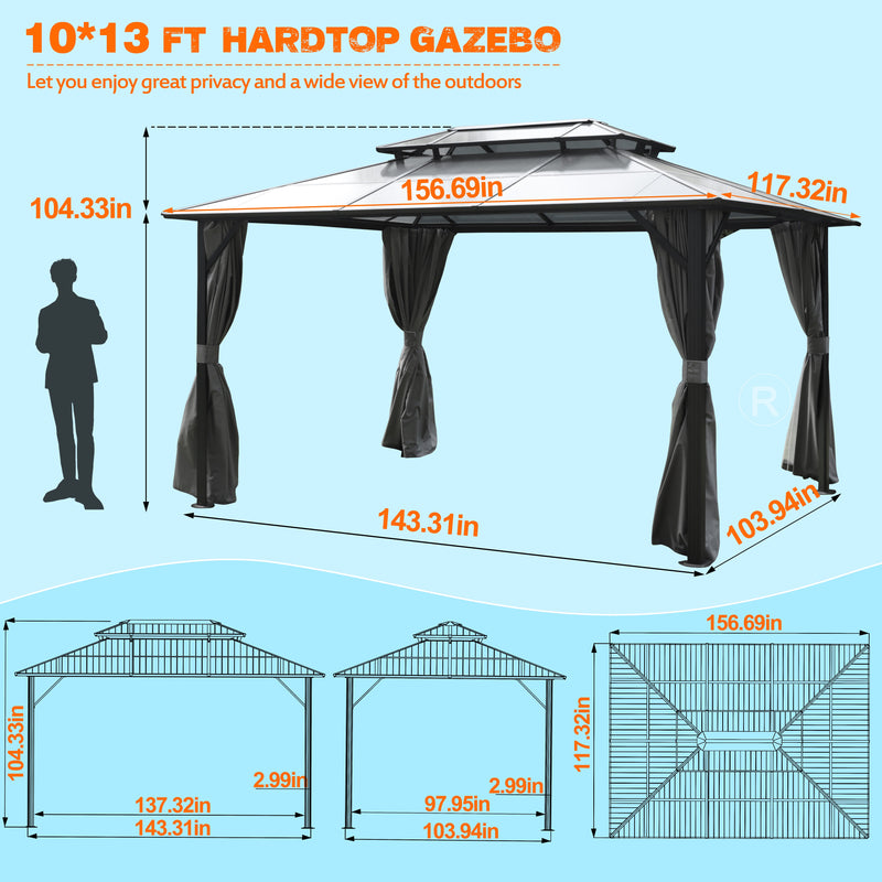 VEIKOUS 10x13FT Outdoor Polycarbonate Hardtop Gazebo with Double Roof Canopy, Aluminum Frame, Netting and Curtainsfor Patios, Deck, Lawns, Gardens