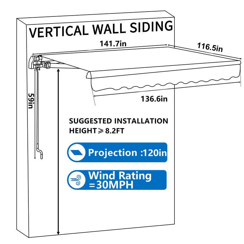 VEIKOUS 12' x 10' Retractable Patio Awning Sunshade Cover with Manual Crank