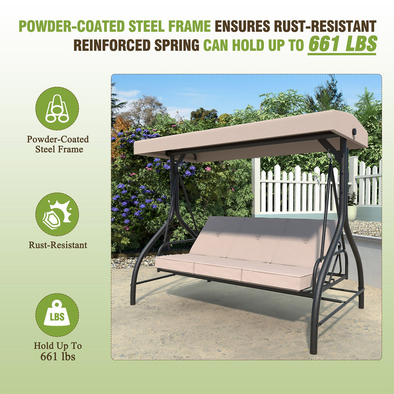 VEIKOUS Patio Porch Swing Chair, 3-Seat Outdoor Canopy Swing Glider with Stand and Cushions