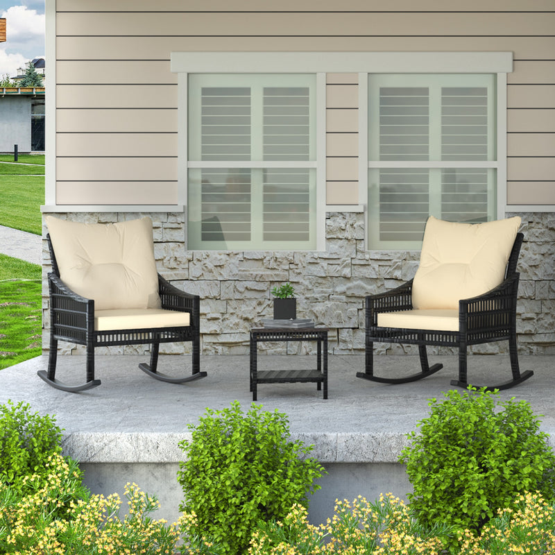 VEIKOUS 3-Piece Outdoor Rocking Chair Wicker Bistro Set with Table and Cushions, Patio Rattan Rocker Bistro Set for Porch