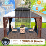 VEIKOUS Outdoor Gazebo, Wooden Finish Coated Aluminum Frame, with Double Galvanized Steel Hardtop Roof, Netting and Curtains for Garden, Patio, Lawn