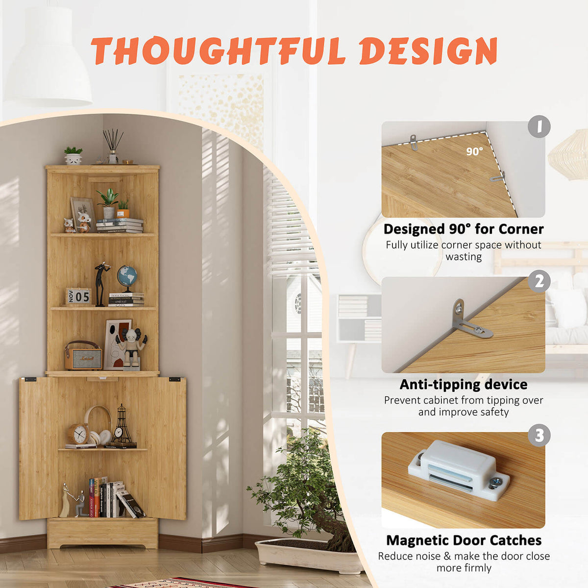 90° corner cabinet with shelves and doors