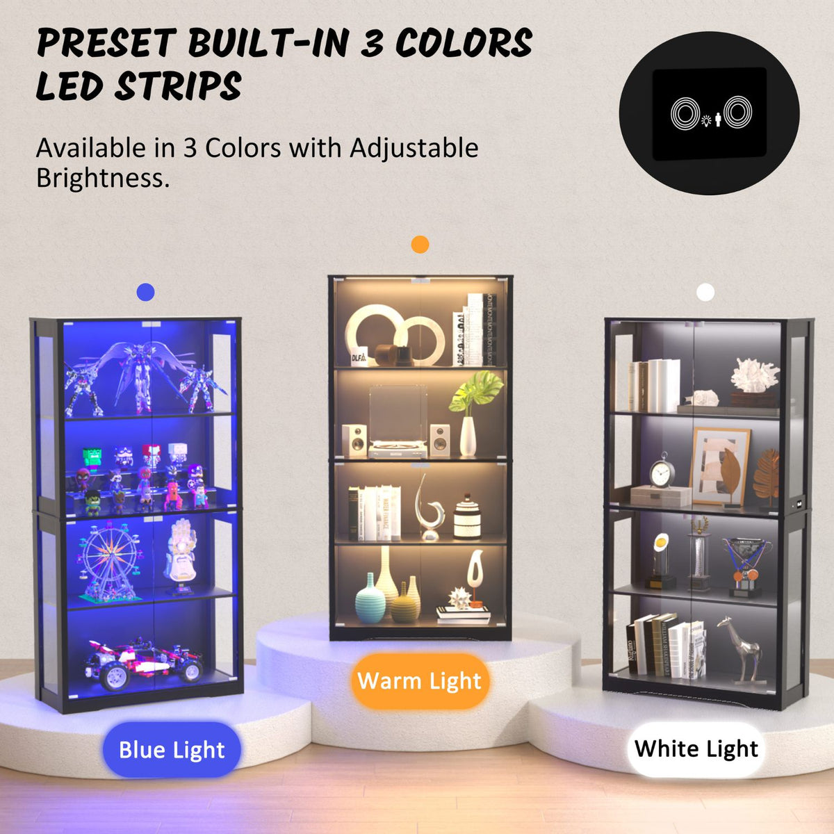 Glass Display Cabinet with 3 Colors LED Lights