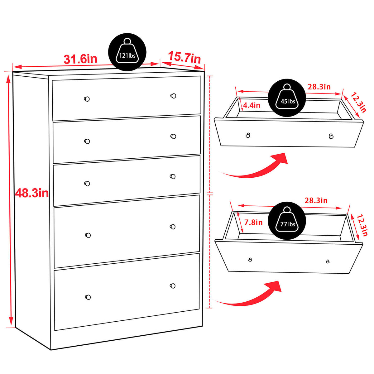 VEIKOUS 5 Drawer Chest Dresser with Oversized Drawers, Bedroom Chests for Living Room